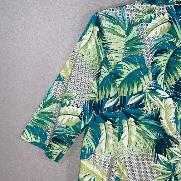 Chicos Jacket Womens 2 Green Blue Floral 3/4 Sleeve Full Zip Up Collared Casual - Picture 13 of 15